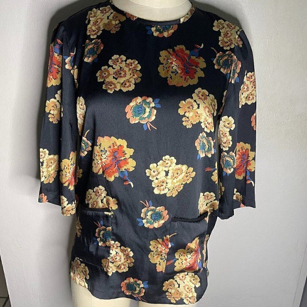 Zara Woman Floral Tunic Blouse XS Black 3/4 Sleeve Pocket Keyhole Top